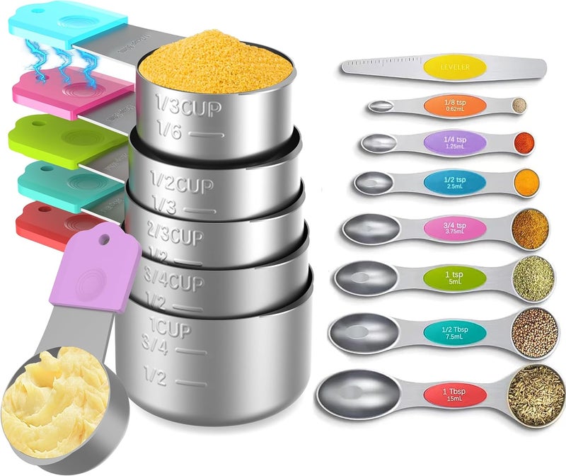 Minteem Magnetic Measuring Cups and Spoons Set, 6 Nesting Stainless Steel Measuring Cup Set with Easy to Read Markings, 7 Magnetic Measuring Spoons & 1 Leveler for Measuring Dry or Liquid Ingredients - Image 1